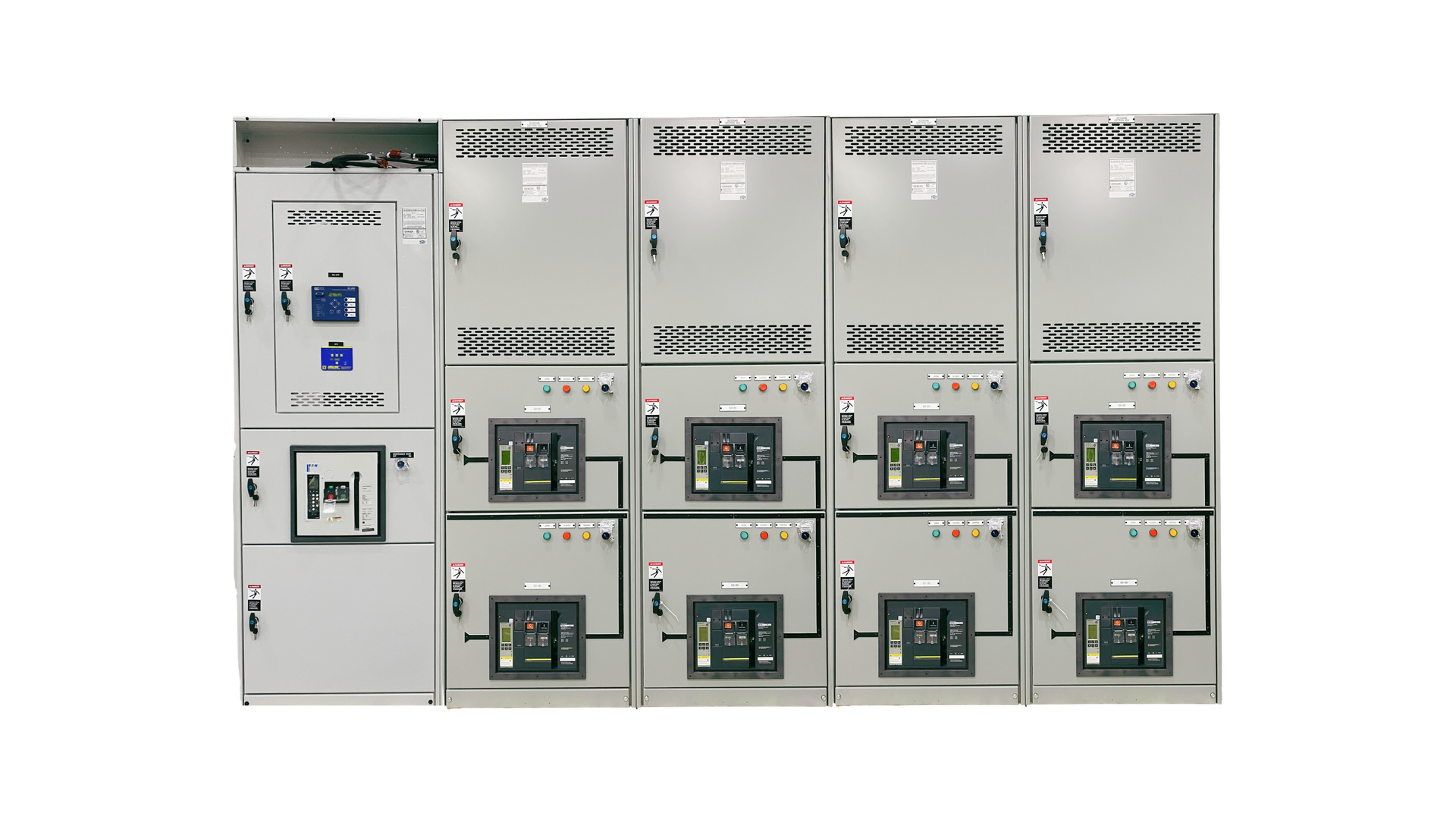 Industrial electrical control panel cabinet with multiple gray breaker and meter sections