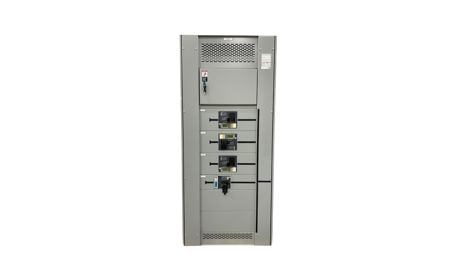 Electrical control cabinet with switches and indicators on a white background