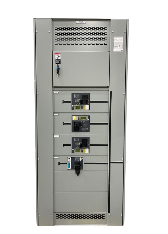 Gray industrial electrical control panel with multiple circuit breakers and switches
