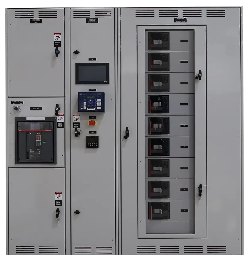 Gray electrical control panel cabinets with meters, switches, and a central display screen