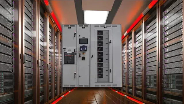 Server room aisle with racks on both sides and two white electrical cabinets in the center