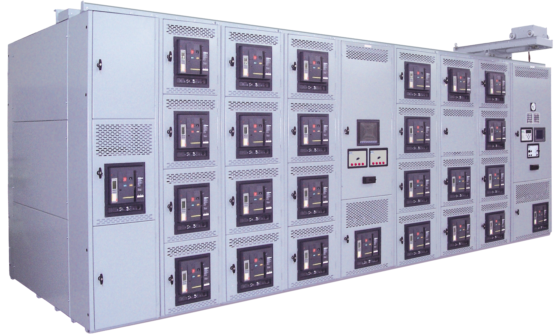 Large industrial control panel cabinet with many gauges, switches, and indicator lights in a factory setting