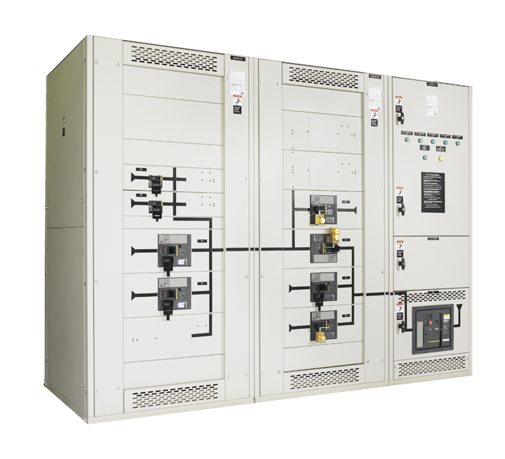 Industrial electrical switchgear cabinets with control panels and circuit breakers in a white metal enclosure