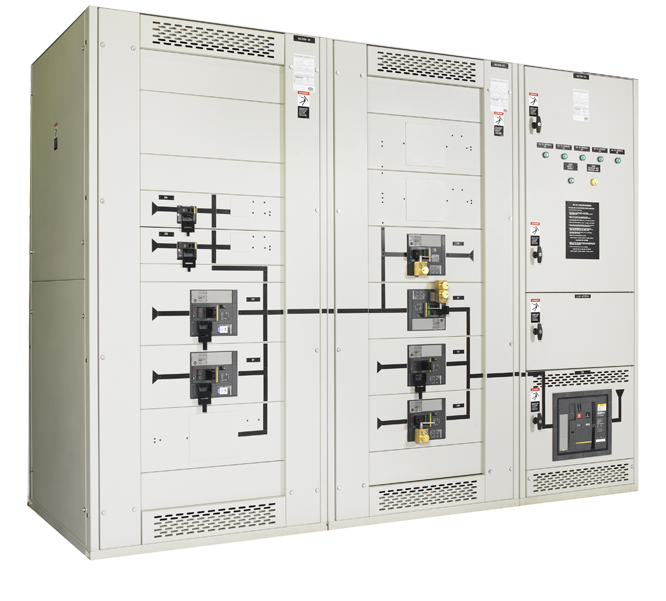 Industrial electrical switchgear cabinets with panels, controls, and circuit breakers in a white metal enclosure