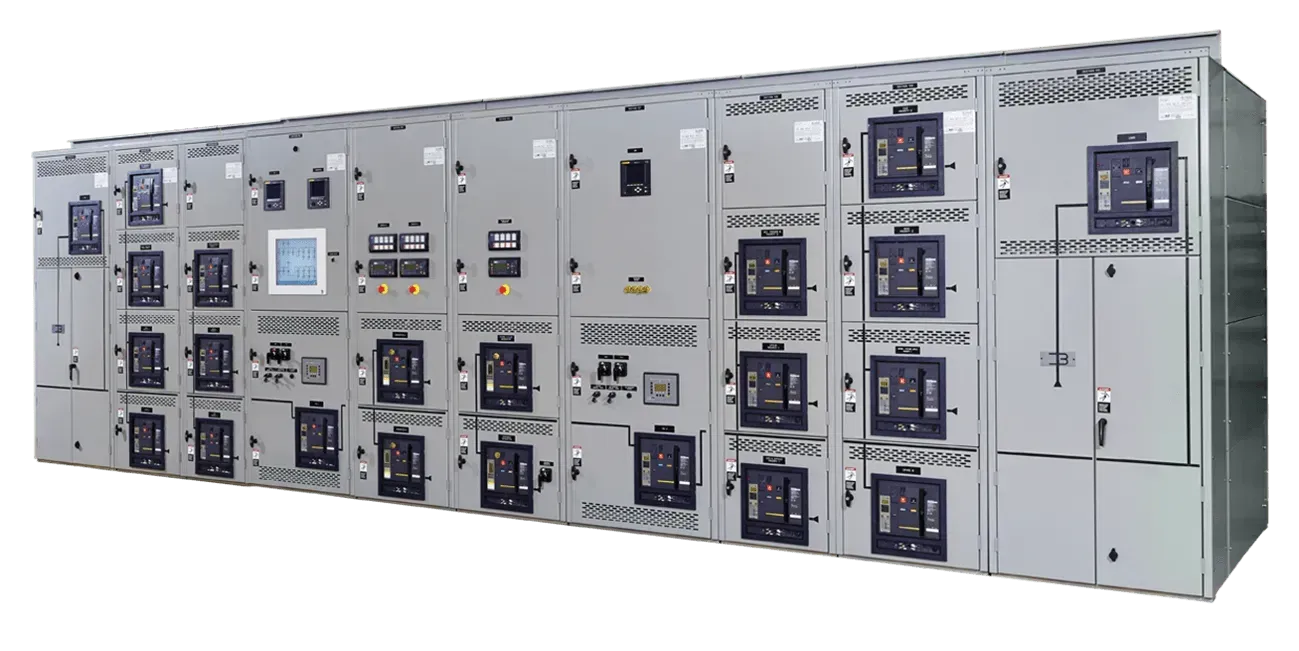 Industrial electrical control panel cabinet with multiple switches, meters, and gauges in a row