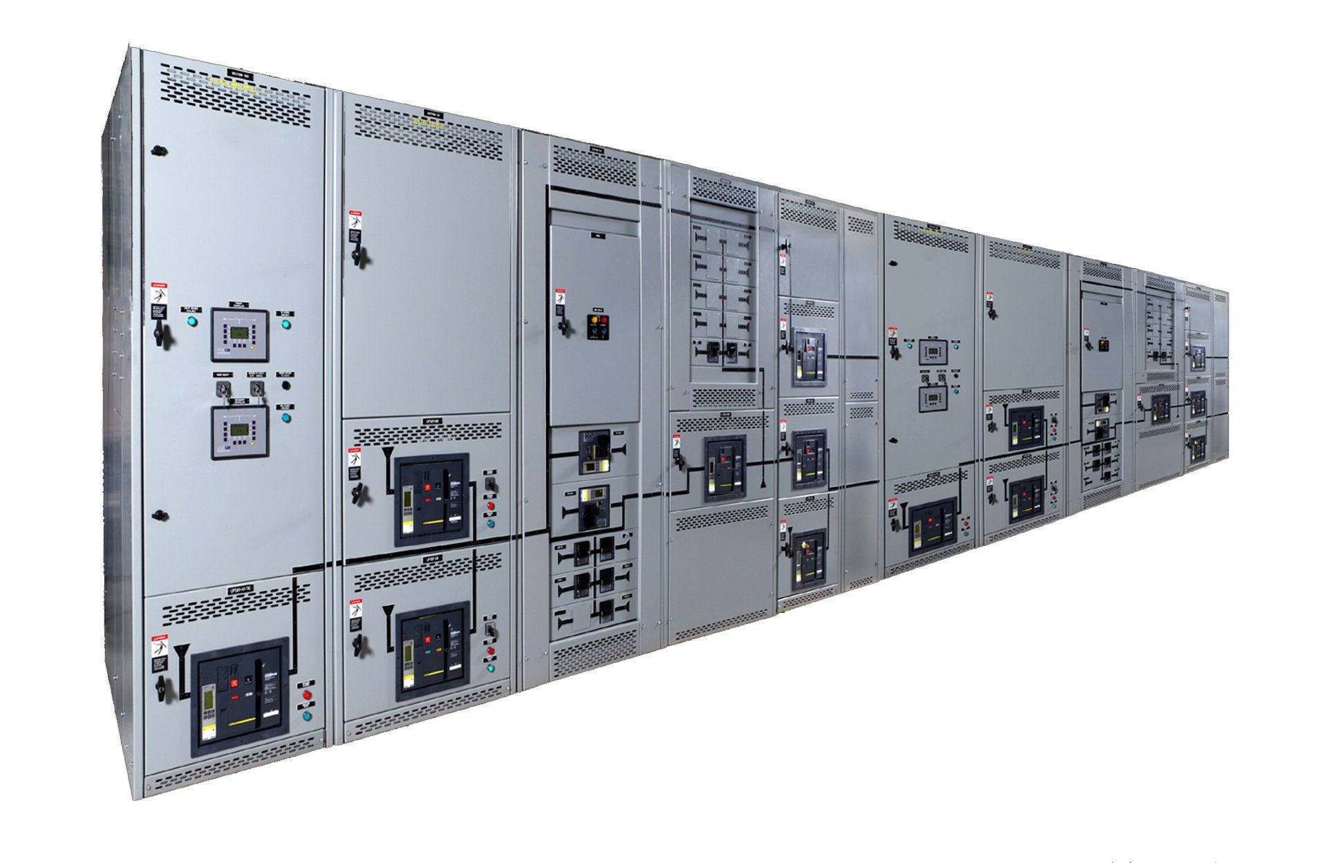 A long row of electrical panels on a white background.