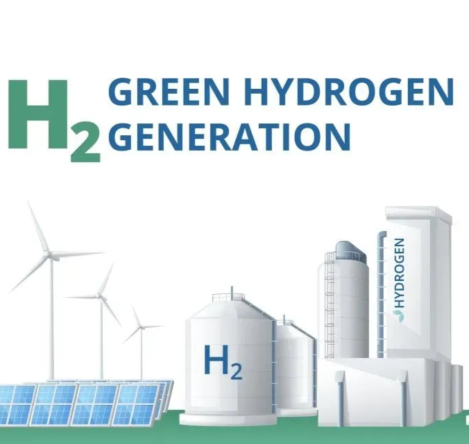 Green hydrogen generation graphic with wind turbines, solar panels, and hydrogen storage tanks