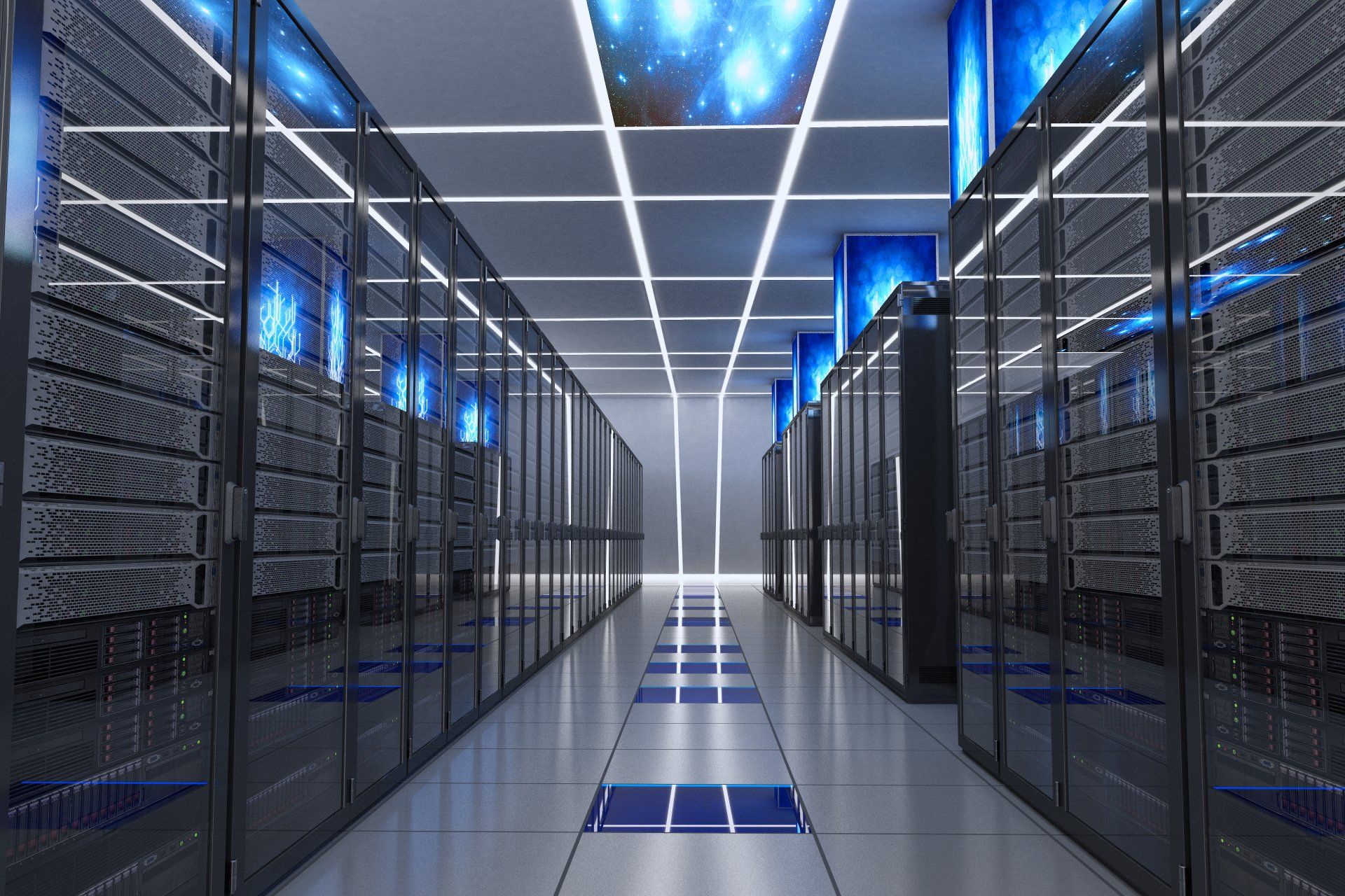 A long hallway filled with rows of servers in a data center.