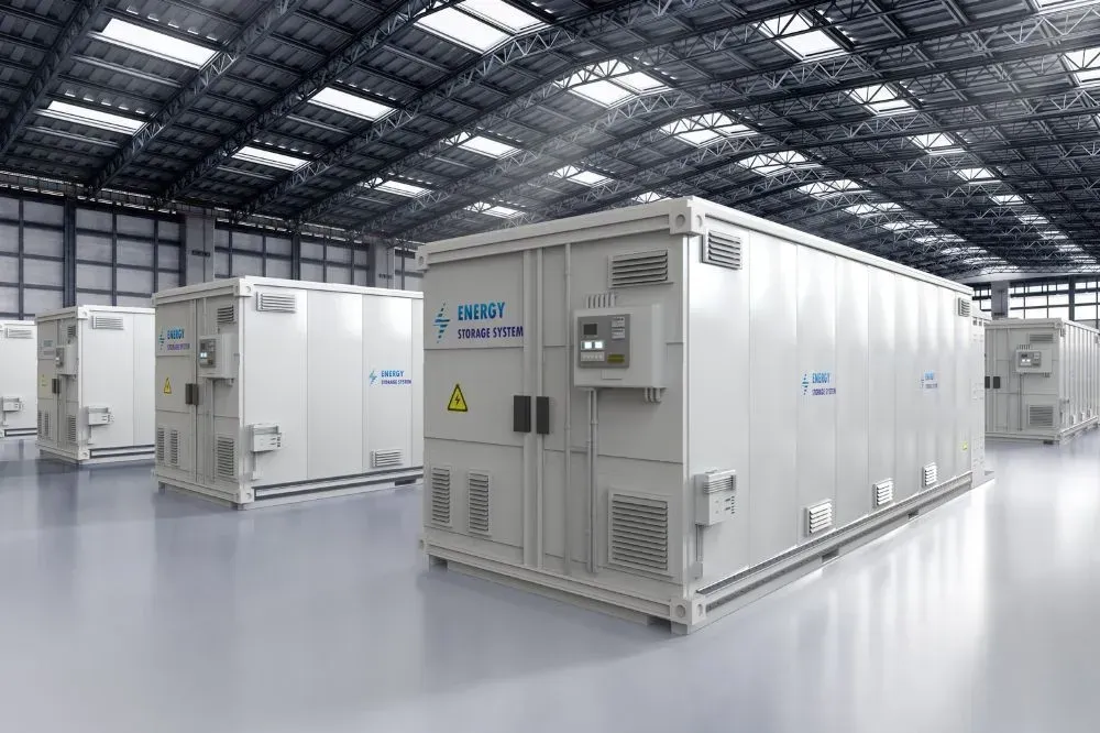 Industrial facility with large white modular HVAC or generator units in a bright warehouse.