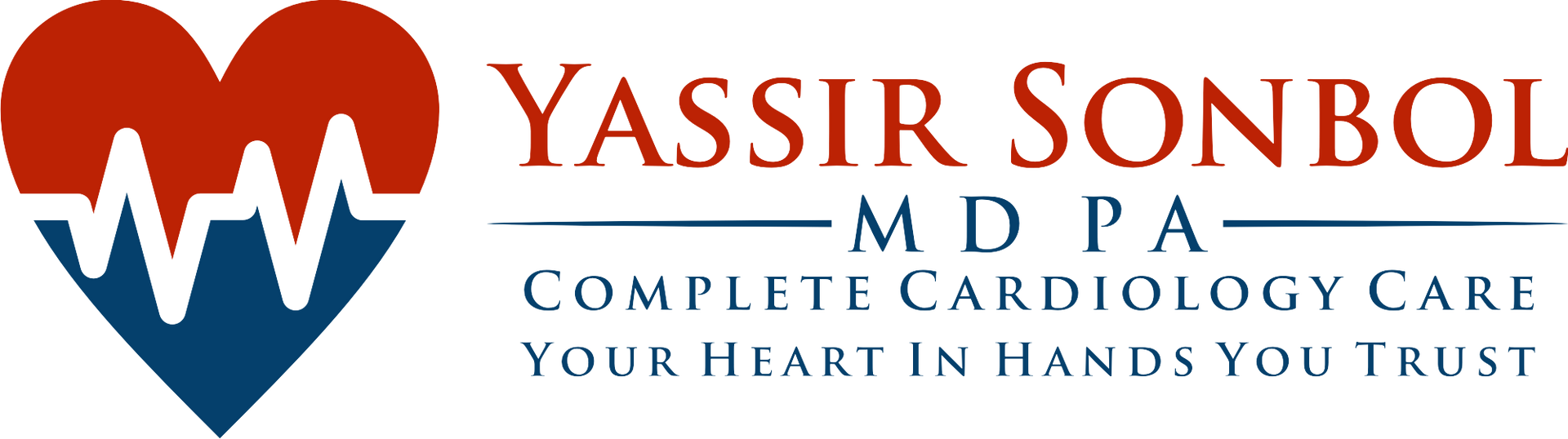 Yassir Sonbol MD PA logo with red and blue heart icon and tagline for complete cardiology care