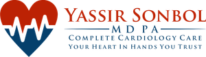 Yassir Sonbol MD PA logo with red and blue heart icon and tagline for complete cardiology care