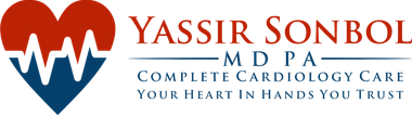 Yassir Sonbol MD PA logo with blue heart and EKG line, slogan