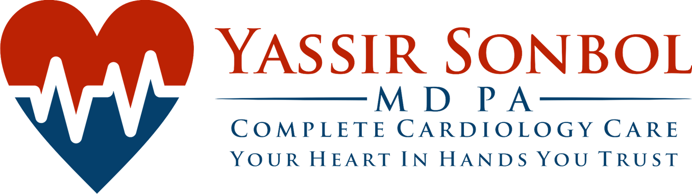 Yassir Sonbol MD PA logo with red and blue heart icon and tagline for complete cardiology care