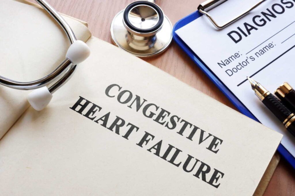 Medical clipboard labeled “Congestive Heart Failure” with stethoscope and diagnosis form on desk