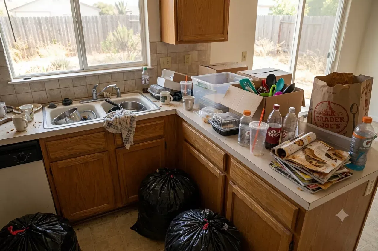 Kitchen counters piled with trash and clutter before a Bakersfield trash hauling service visit