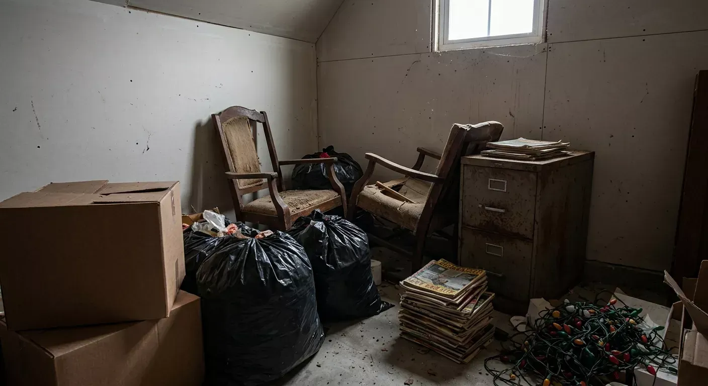 Cluttered storage room with old furniture, filled trash bags, and boxes ready for trash hauling in Bakersfield