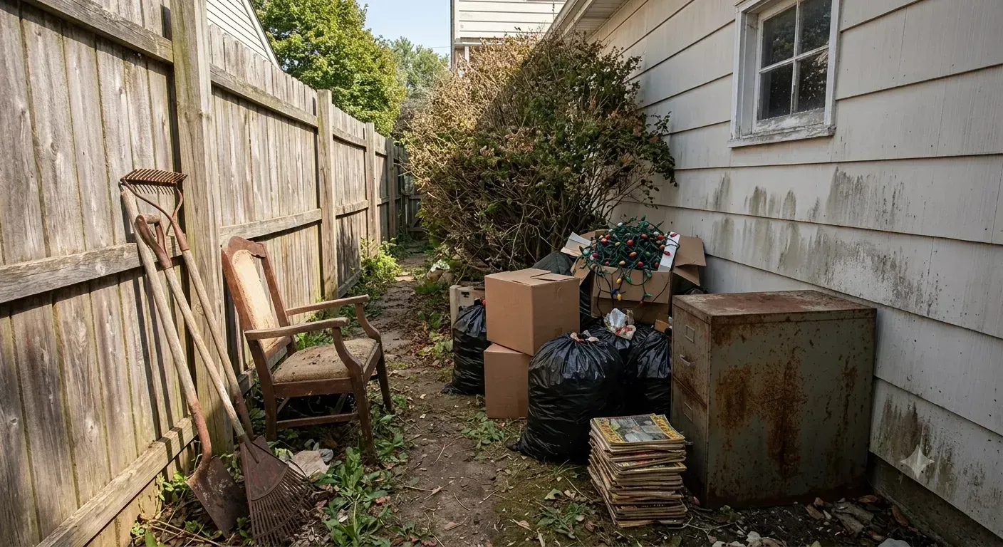 Pile of trash bags, boxes, and old furniture cleared from a side yard during a Bakersfield trash hauling job