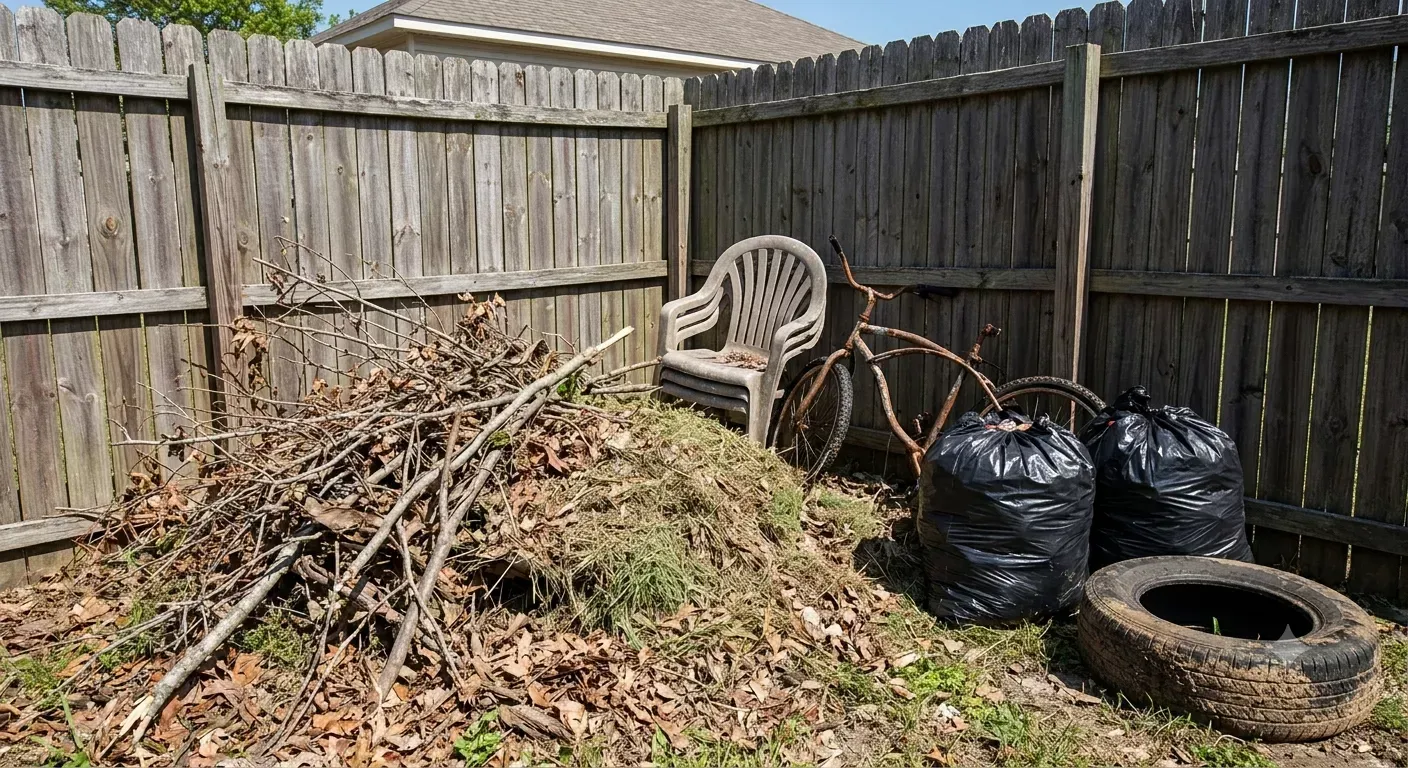 Branches, an old tire, and bagged yard waste stacked in a Bakersfield backyard before trash hauling pickup