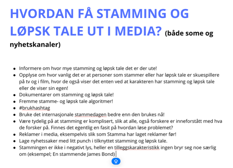 Et lysbilde med en tittel om stamming i media, og punkter med forslag til forbedringer.