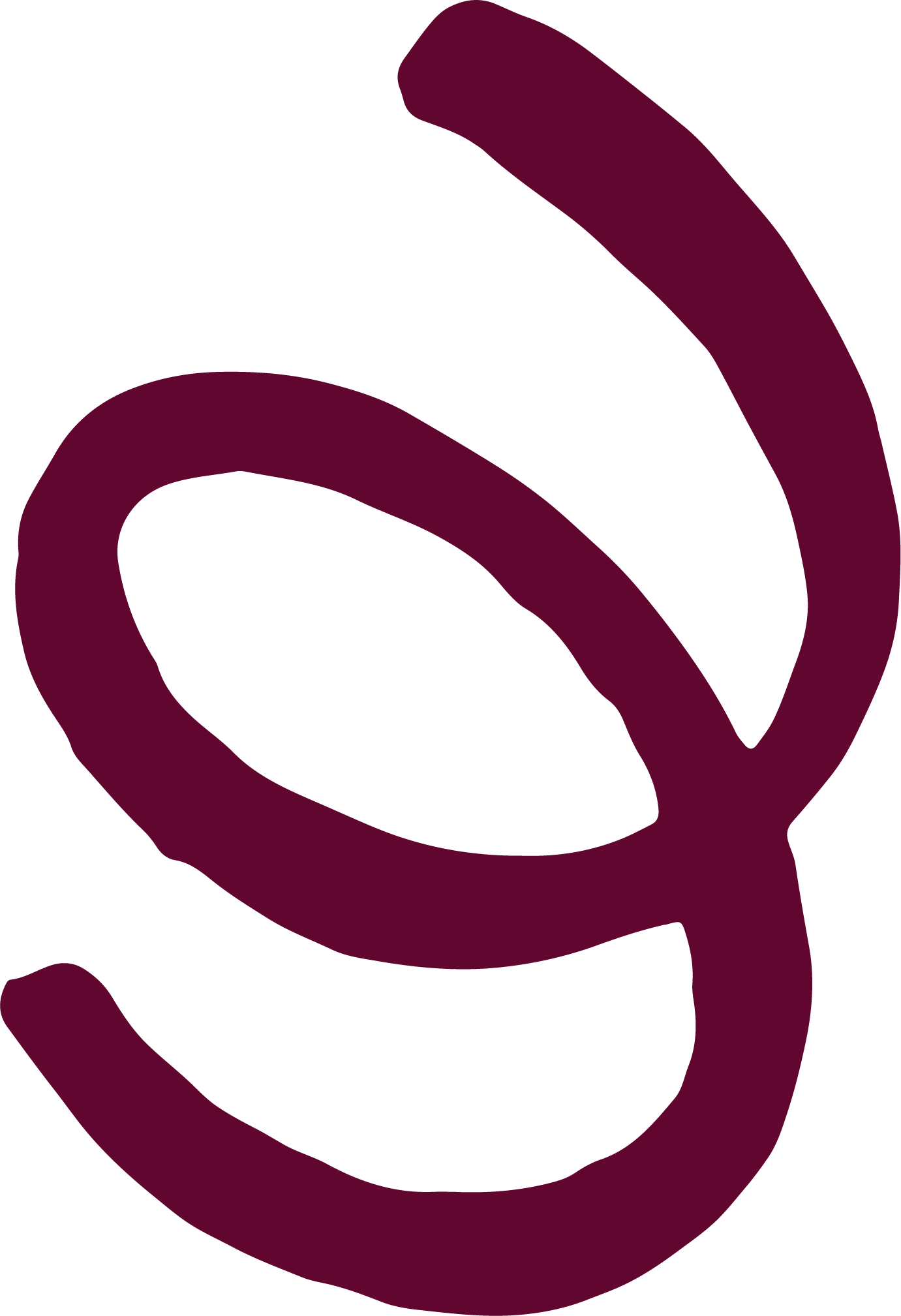 Rødbrun, stilisert virvel.