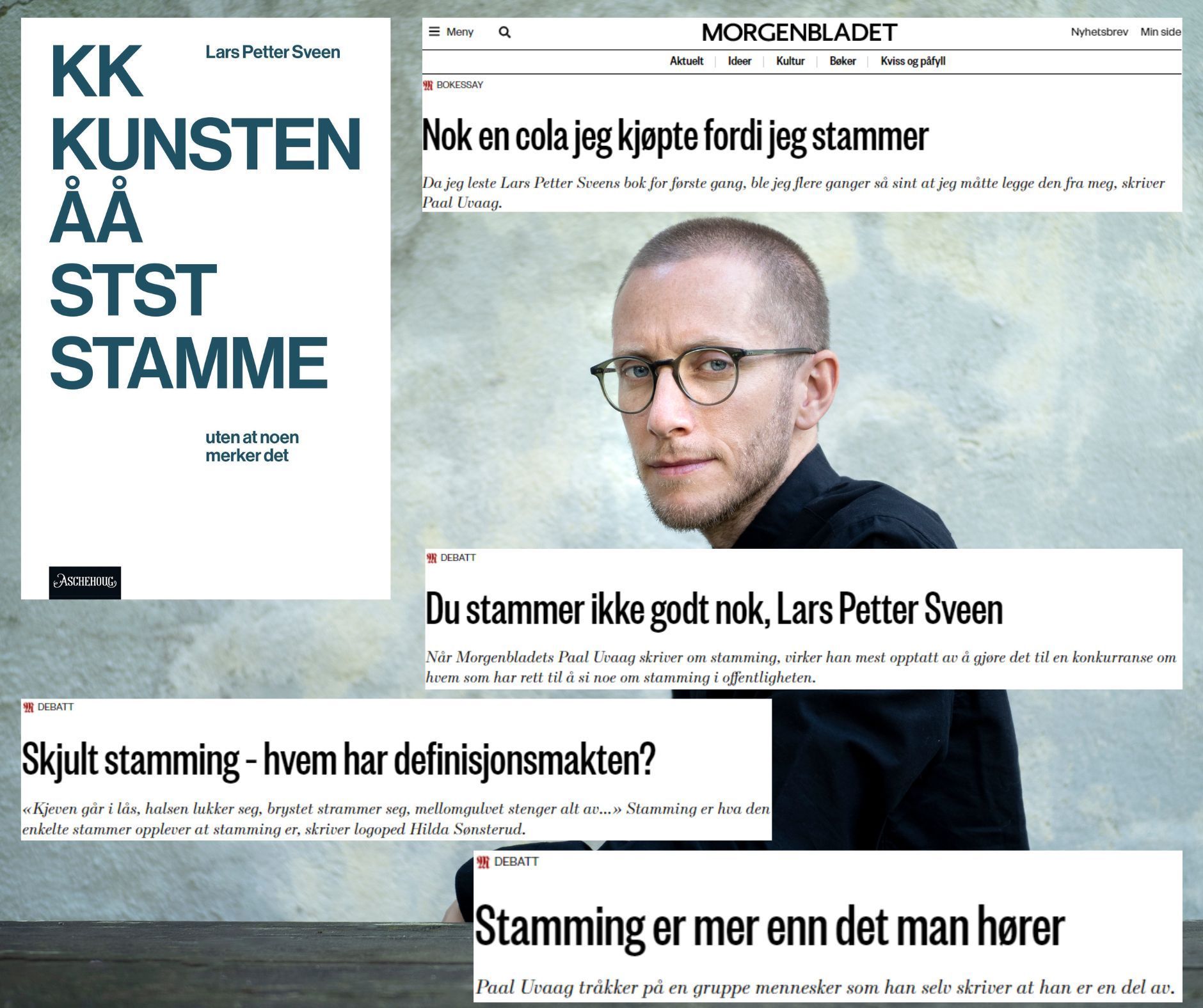 Bokomslag og nyhetsartikler om Lars Petter Sveen og stamming.