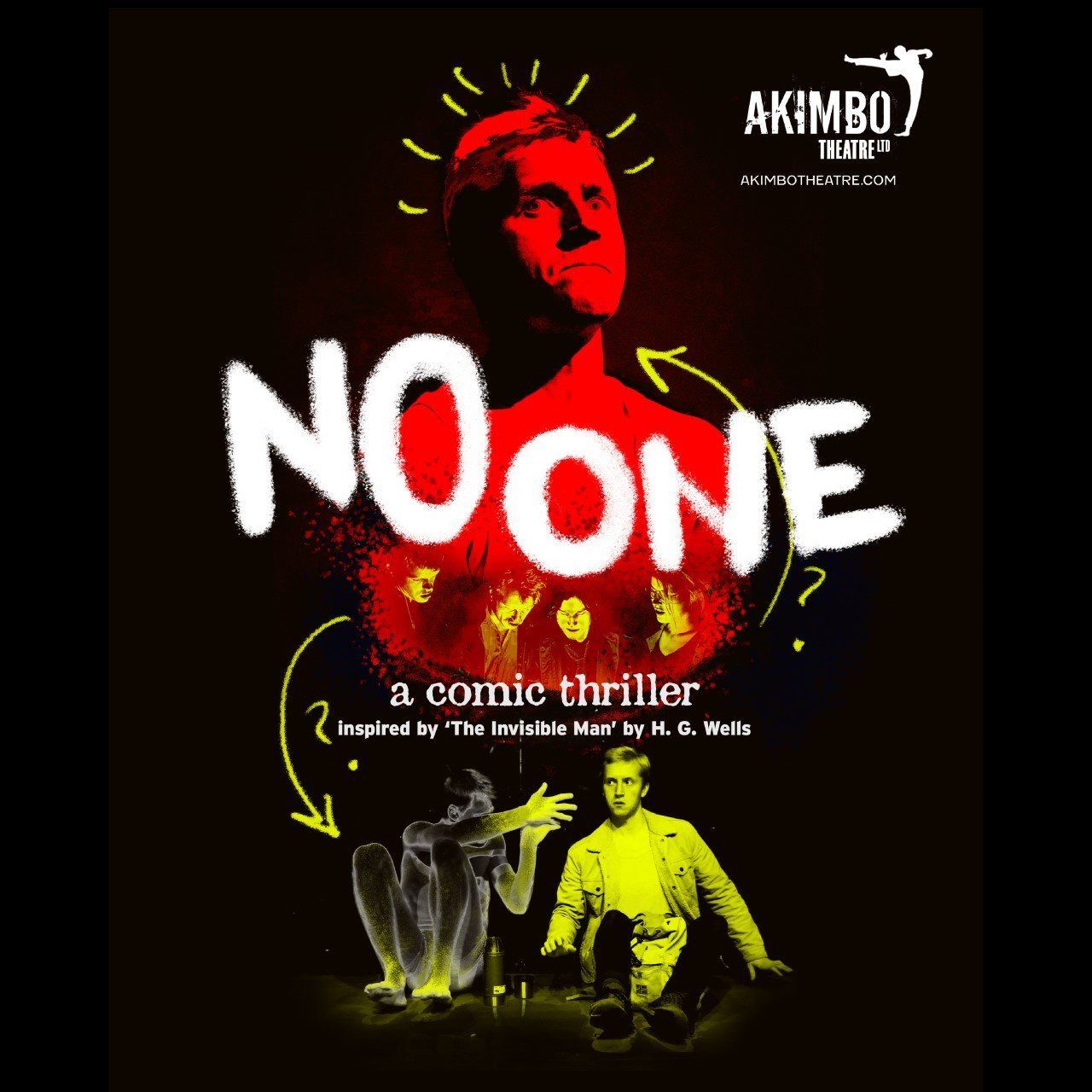 Plakat for «NO ONE», en komisk thriller. Mannsansikt, rødt og omrisset i hvitt, med hvit titteltekst. To figurer under.