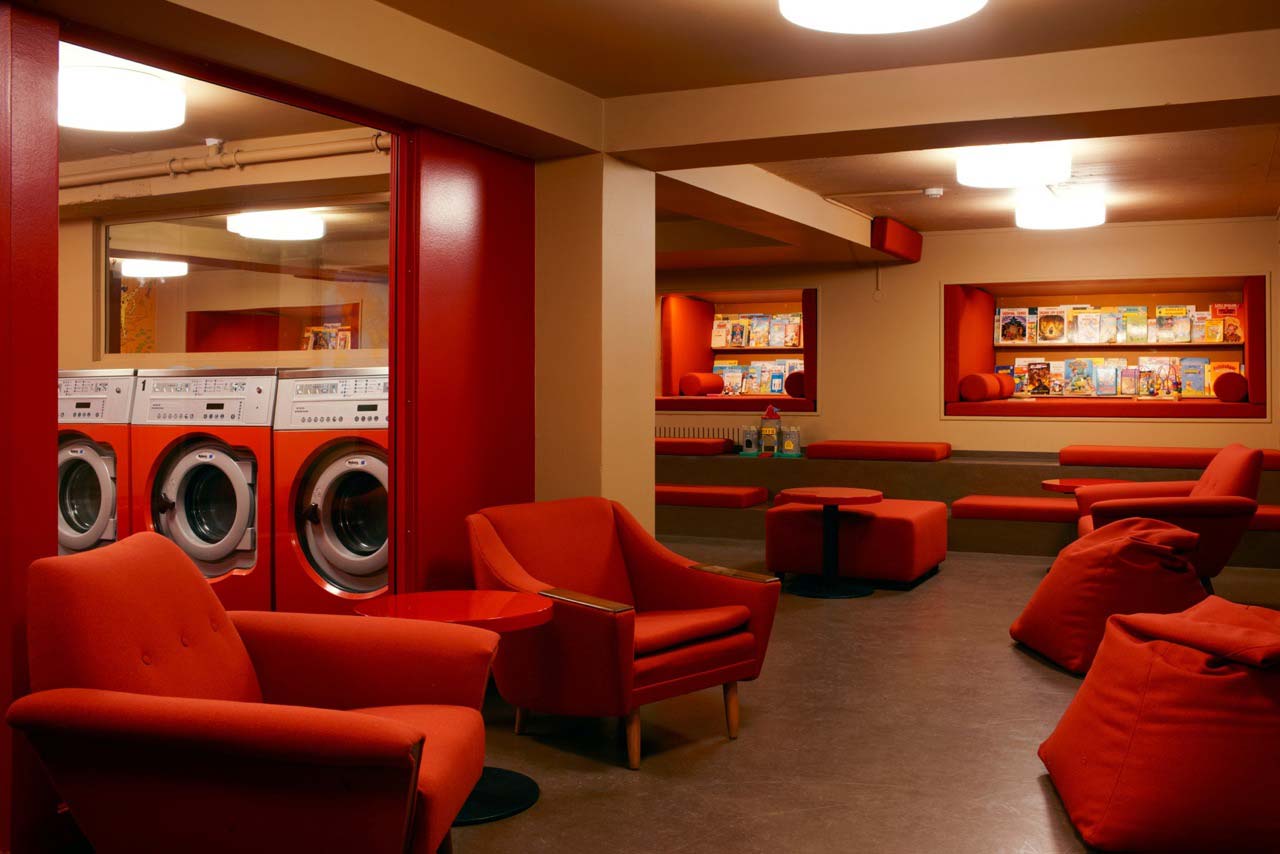 Washing machines in the laundromat downstairs at the café
