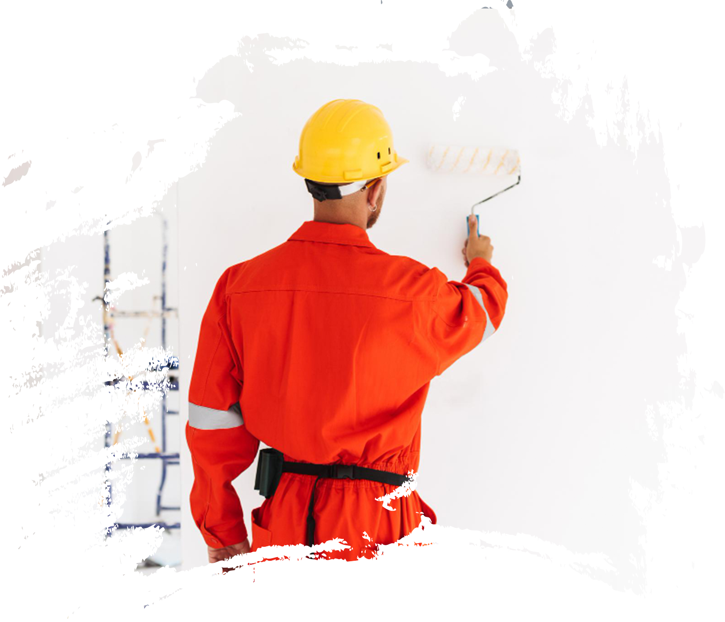 A man in a hard hat is painting a wall with a paint roller.