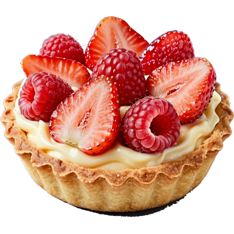 Crostata di frutta con ripieno di crema pasticcera, guarnita con fragole, lamponi e mirtilli.