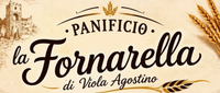 Logo di panificio con la scritta «Panificio la Fornarella di Viola Agostino», decorato con spighe di grano e pane su sfondo beige