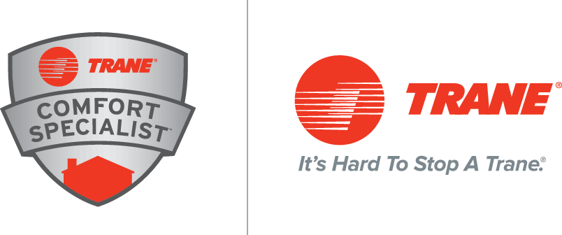 Trane Comfort Specialist shield logo and red Trane wordmark with slogan “It’s Hard To Stop A Trane.”
