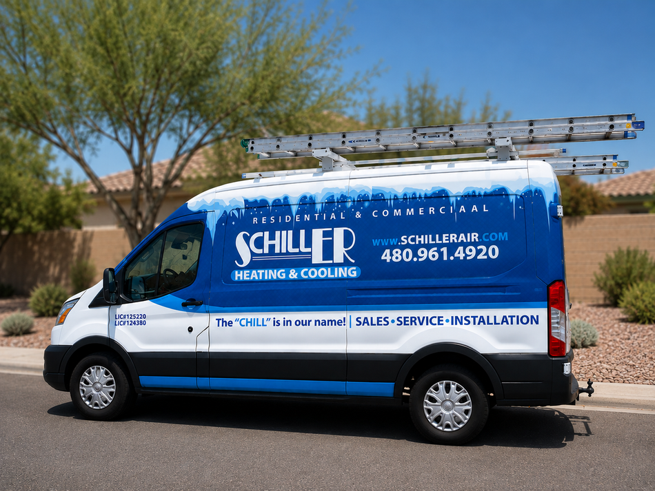 White Schiller Heating & Cooling service van parked outdoors with ladder on top.
