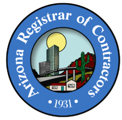Arizona Registrar of Contractors seal with blue border, city skyline, and “1931” text