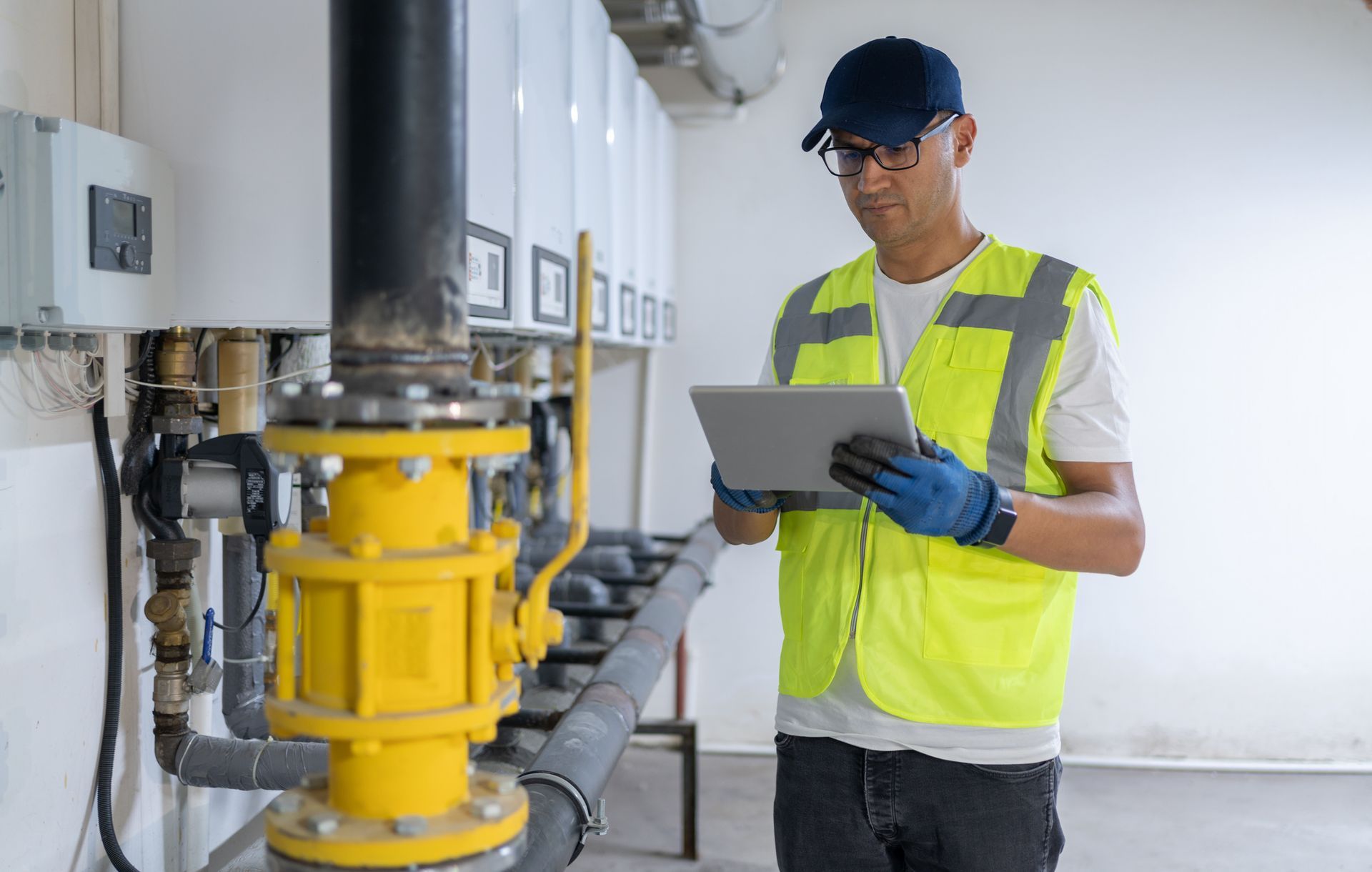 Man in safety gear inspecting industrial equipment with a tablet. Man in safety gear inspecting industrial equipment with a tablet.