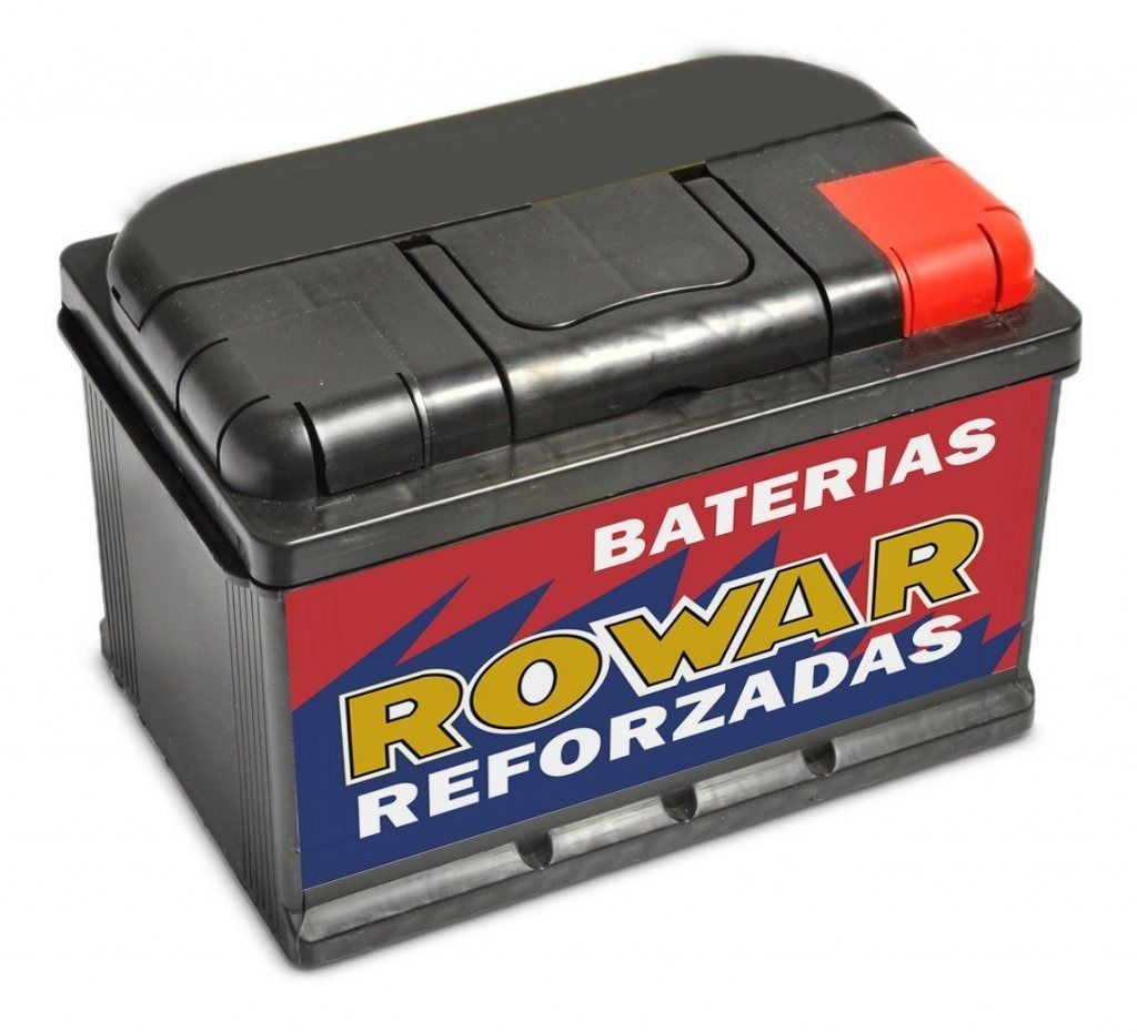 Batería de coche negra con la etiqueta «BATERIAS ROWAR REFORZADAS» y una tapa roja en el borne