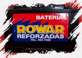 Logotipo de “Baterías Royal Reforzadas” en rojo, azul y amarillo, con fondo negro y blanco.