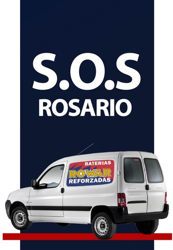 Logotipo de S.O.S Rosario con una furgoneta de servicio blanca que lleva un letrero de «bombas reforzadas» sobre un fondo azul oscuro