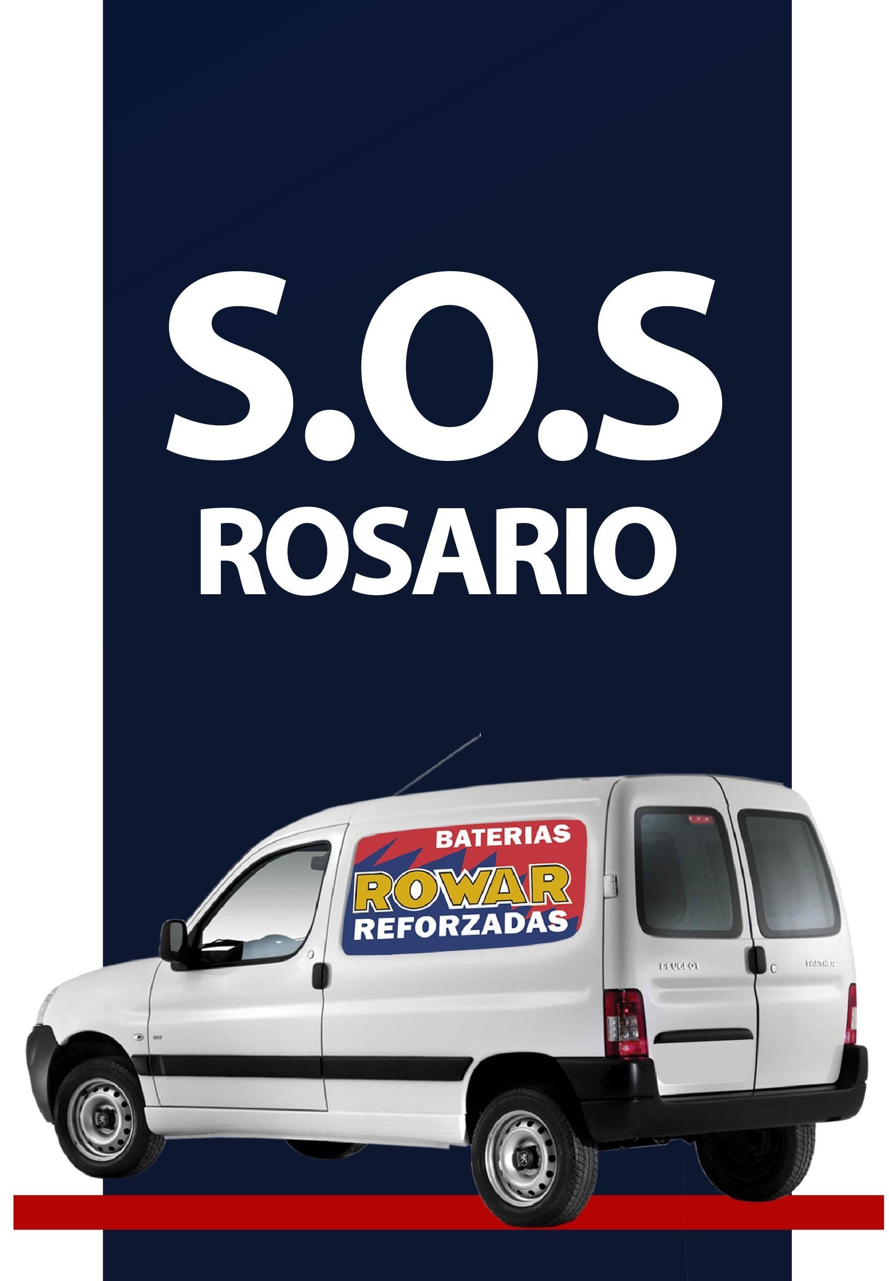 Furgoneta blanca de servicio con la marca SOS Rosario y asistencia en carretera sobre un fondo azul oscuro.