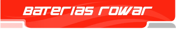 Logotipo de una pancarta roja con el texto «Baterias rowar» en blanco