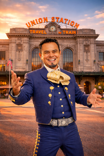 Man in a blue mariachi suit with arms outstretched, smiling. Indoors, bright room.