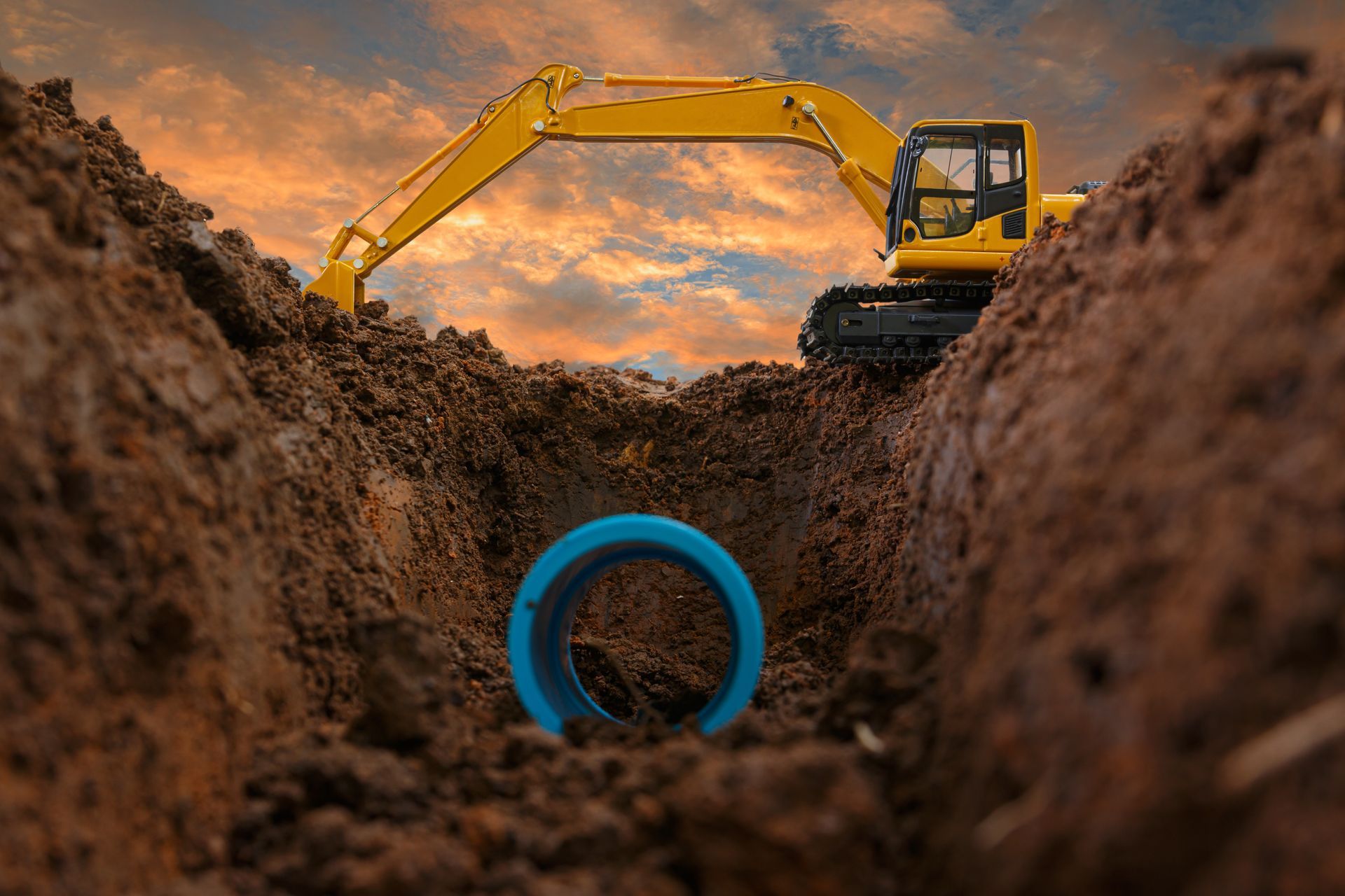 Yellow excavator digging a trench with a blue pipe under a cloudy sunset sky