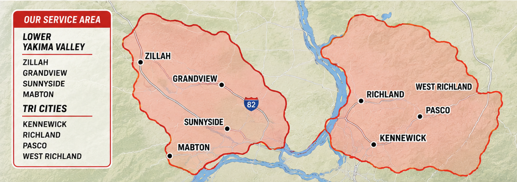 Map of a region with two highlighted areas in pink and blue labels, plus a legend on the left.