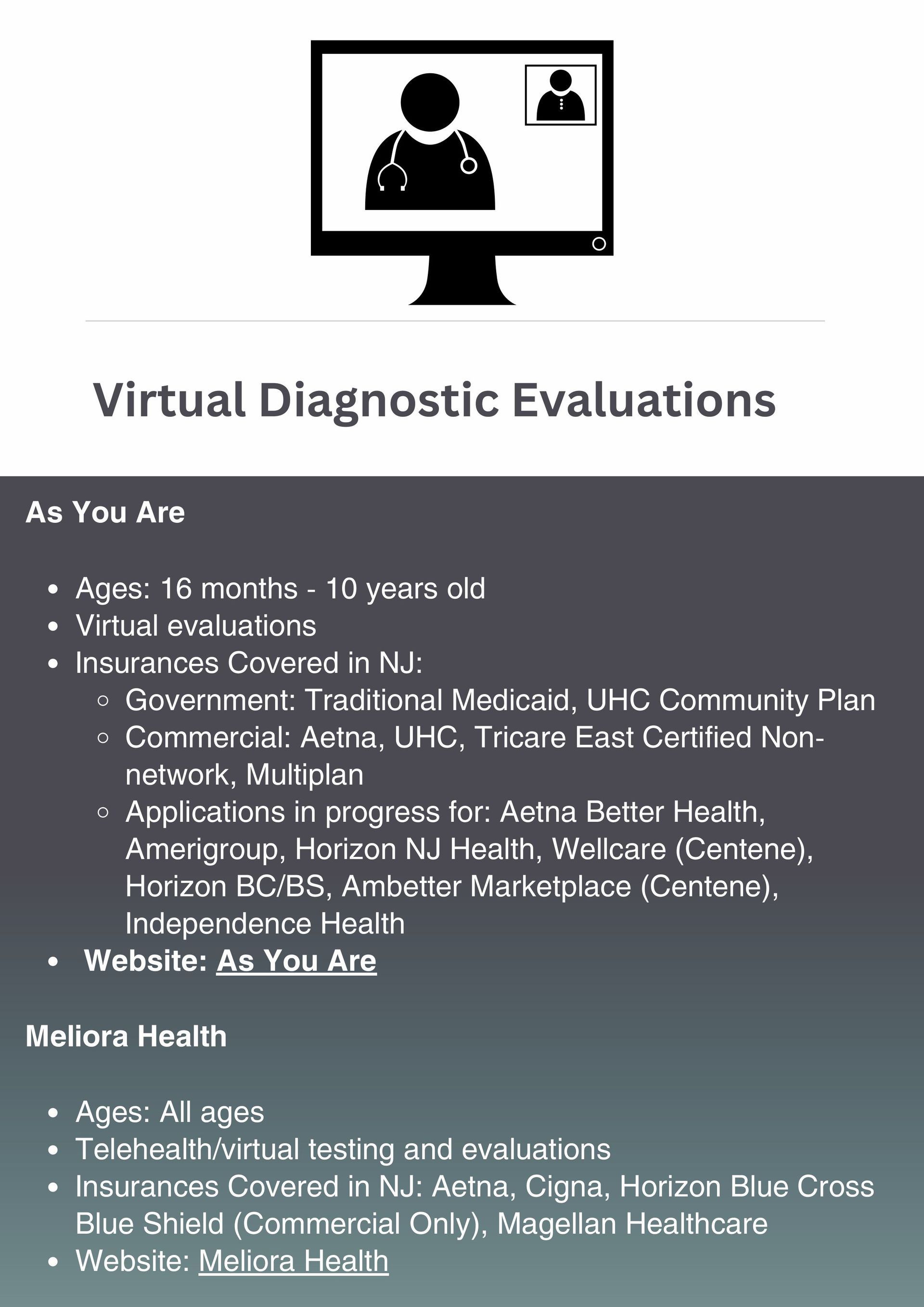 A computer monitor with a doctor on it and the words virtual diagnostic evaluations as you are
