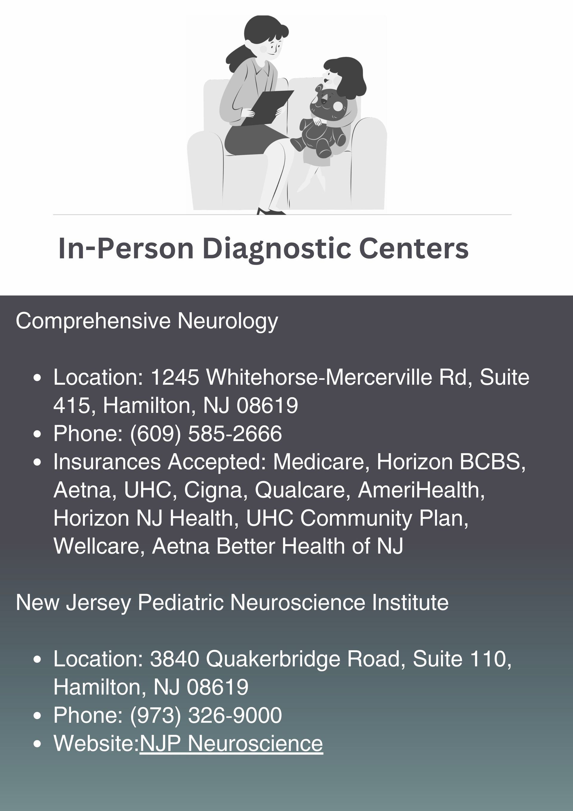 A black and white poster for in-person diagnostic centers