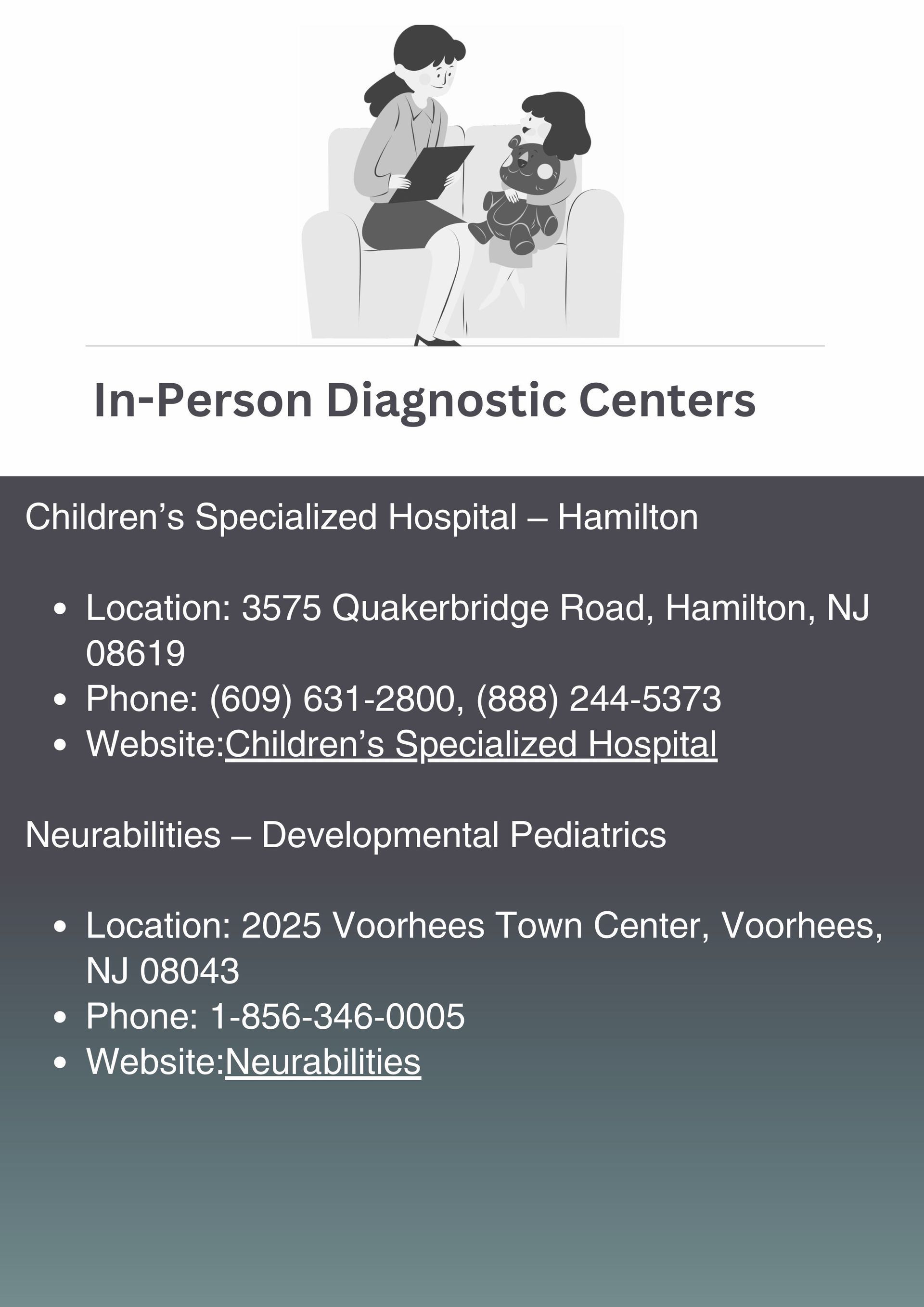 A black and white poster for in-person diagnostic centers