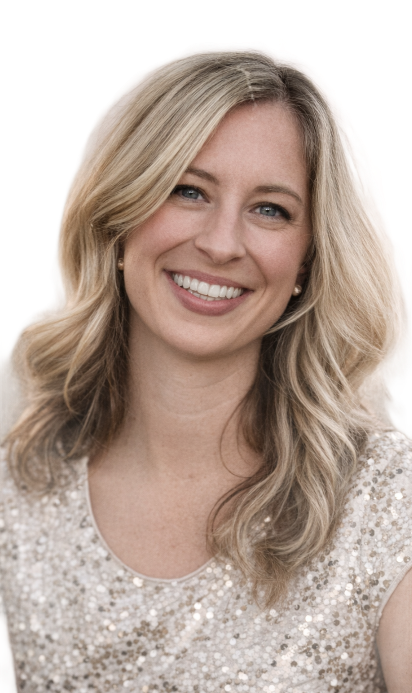 A woman with long brown hair is smiling for the camera