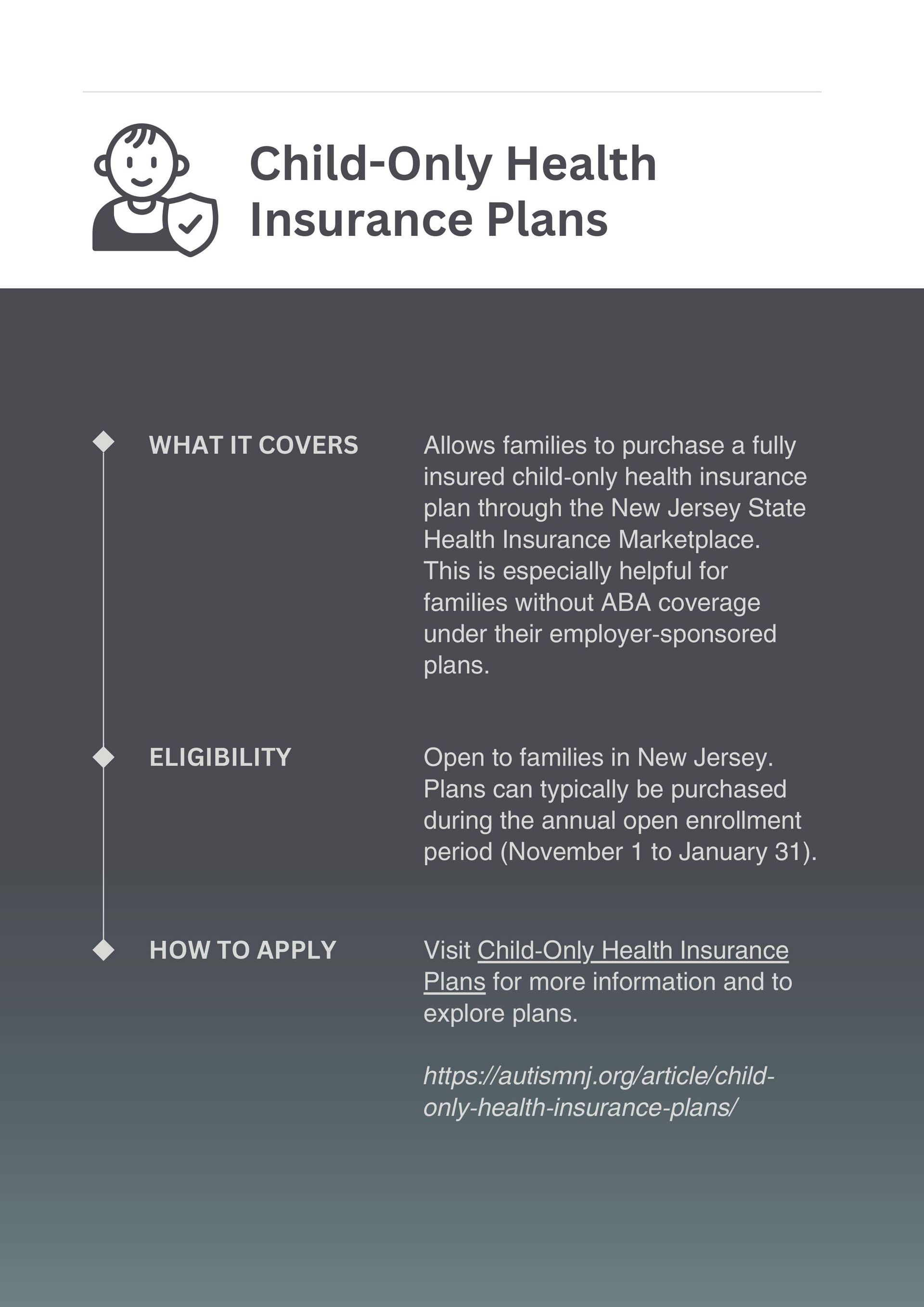 A child only health insurance plan explains what it covers , eligibility , and how to apply.