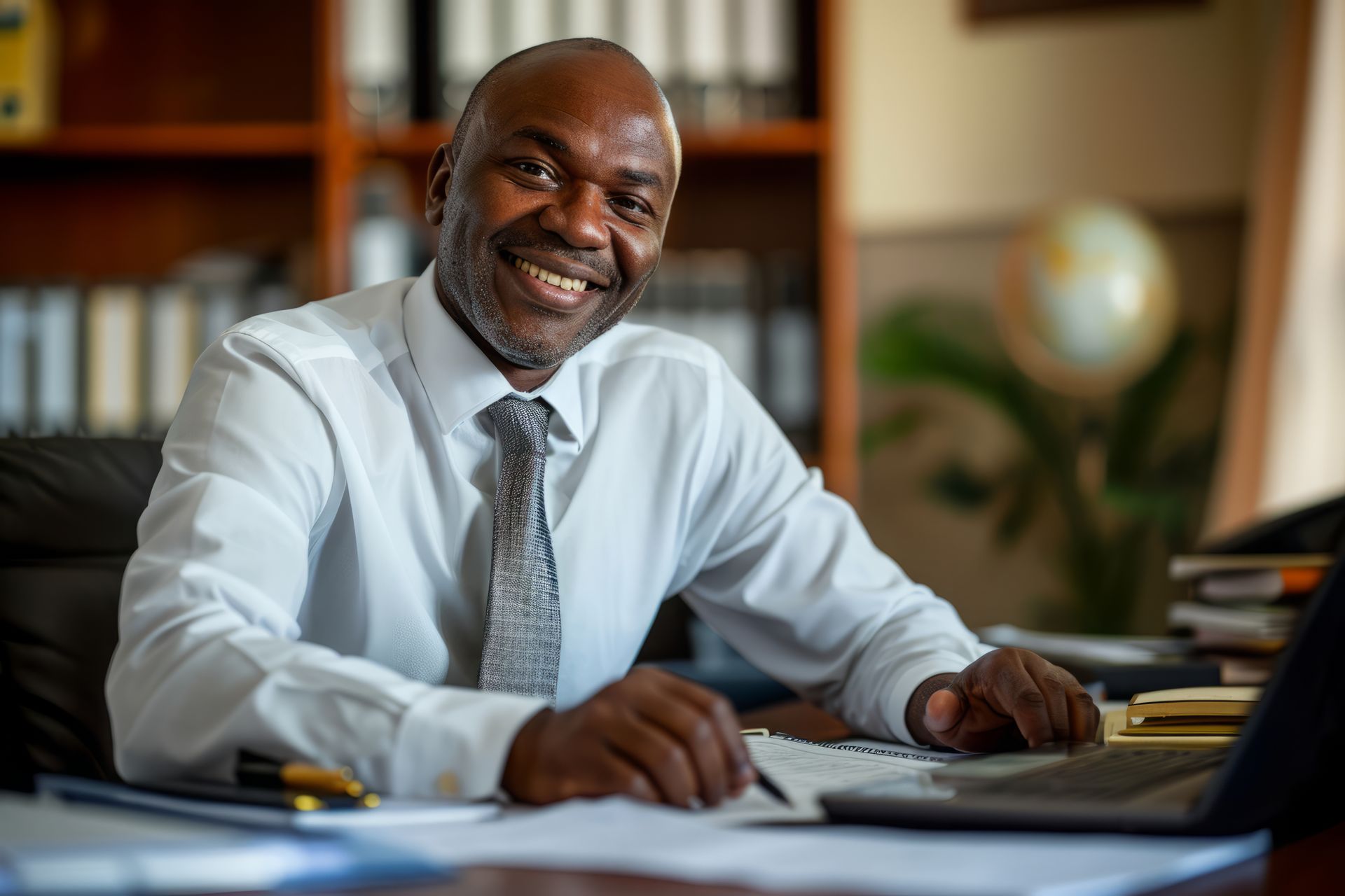 Un homme en chemise blanche et cravate sourit à son bureau où l'on aperçoit un ordinateur portable, un décor de bureau.