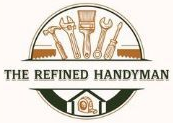 Logo for The Refined Handyman with tools in a tan and dark green circular emblem