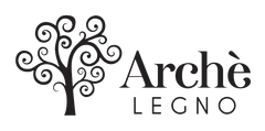 Logo di Arche Legno con albero nero stilizzato e testo su sfondo bianco.